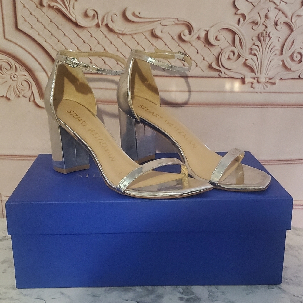 Stuart Weitzman Silver Block Sandal 6 with box and dustbag
